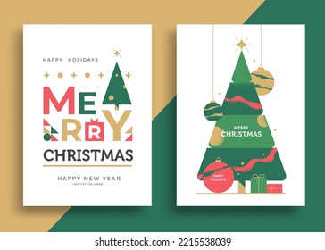 Merry Christmas invite posters template. New Year greeting card design with stylized christmas tree and balls. Vector illustration