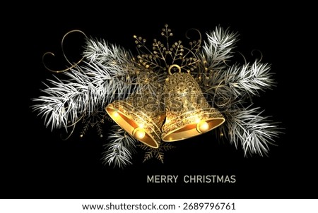 Merry Christmas. Isolated composition of a golden bell and fir tree branches