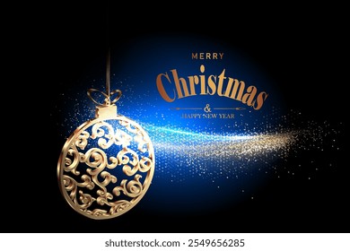 Merry Christmas. Isolated element with gold glitter ribbon with retro Christmas tree toy.