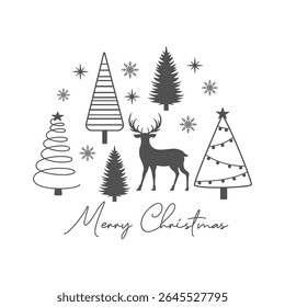 Merry Christmas isolated illustration. Christmas and Happy New Year card with winter trees and a Christmas deer. Vector quote, design template.  