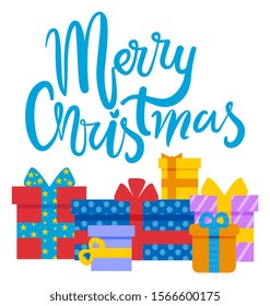 Merry Christmas, isolated presents and gifts with colorful wrapping paper. Calligraphic inscription and boxes with ribbons for holidays. Greeting card for new year and winter celebration vector