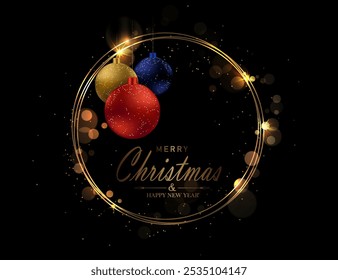 Merry Christmas. Isolated round golden wreath with New Year toys.