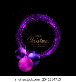 Merry Christmas . Isolated round purple glitter wreath with New Year toys.