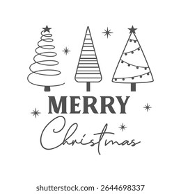 Merry Christmas isolated vector illustration. Christmas and Happy New Year card with three Christmas trees on a white background. Vector design template. Winter quote.
