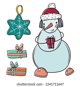 merry christmas isolated vector set with snowman, pendant and gifts