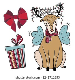 merry christmas isolated vector set with deer, bow and gift