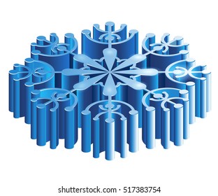 Merry Christmas isometric 3D snowflake template in blue color on white background isolated vector illustration.