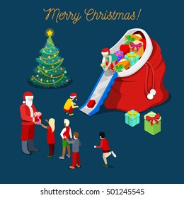 Merry Christmas Isometric Greeting Card with Fir Tree. Santa Claus Giving Presents to the Children. Vector 3d flat illustration