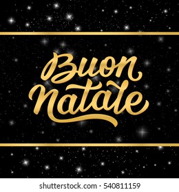 Merry Christmas italian calligraphic text in golden frame on black starry background. Vector illustration for Xmas with season greetings