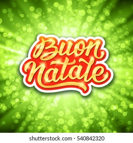Merry Christmas italian calligraphic text on red-gold label above green background with bokeh and rays. Vector banner for winter season greetings.
