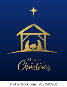 Merry Christmas, Jesus in manger and star gold color on blue sky. Nativity scene of baby Jesus silhouette in a nursery with Mary and Joseph. Happy epiphany day vector illustration