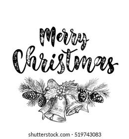 Merry Christmas jingle bells. Christmas bell ornament decoration with holly bow tie on fir and pine garland with cones. Christmas greeting modern trend card, poster lettering