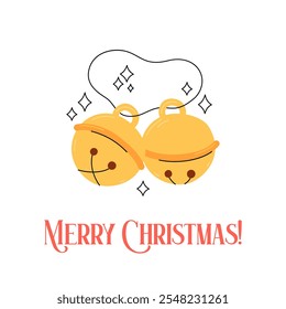 Merry Christmas jingle bells greeting card. Cute round golden bells Xmas symbol. Simple square vector illustration with winter holiday greetings.