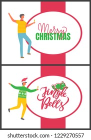 Merry Christmas and jingle bells, people and party. Men dancing at corporate fest celebrating New Year. Vector cartoon style managers in hat with champagne