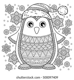 Merry Christmas. Jolly Penguin. The detailed coloring pages for adults. Image for design greeting cards