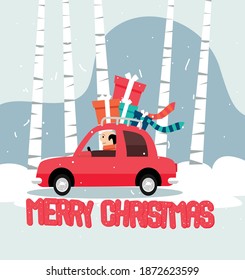 Merry Christmas journey with gifts on the car vector