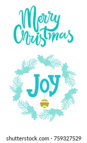 Merry Christmas joy card with festive decorations on bright background. Vector illustration with colorful glass ball surrounded by frame of branches