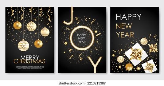Merry Christmas, JOY, Happy New Year cards with gift boxes, balls, golden type and confetti on black bacground. Modern universal templates. Vector illustration.