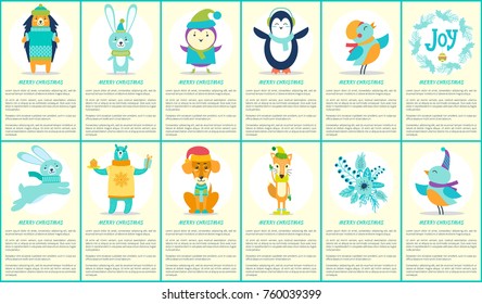 Merry Christmas, joy posters that have elements, such as text and titles, images of animals and decorated labels, isolated on vector illustration
