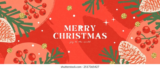 Merry Christmas Joy to the world greeting banner. Retro Xmas art design with fir cones, spruce branches, rowan berry clusters and snowflakes. Postcard, poster, flyer, mockup, cover in simple flat