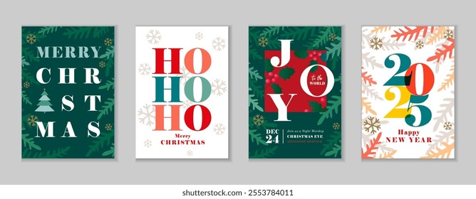 Merry Christmas, Joy to the world and Happy New Year 2025 beautiful greeting cards set. Vector background with Christmas tree branches, snowflakes and typography for flyer, covers or posters 