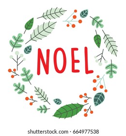 Merry Christmas. Joyeux Noel with leaf on white background. Vector Holiday Illustration.  