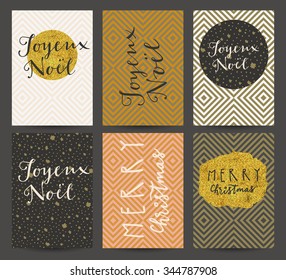 Merry Christmas. Joyeux Noel. Set of 6 awesome stylish trendy hand written greeting cards in retro style. Modern calligraphy, lettering, vignettes. Abstract geometric background. Vector