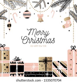 Merry christmas joyful greeting card festive design vector illustration. Diverse x-mas attributes showed on pile of gifts candy cane, christmas socks drawn in pastel tones. Happy holidays concept