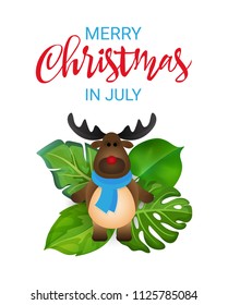 Merry Christmas in July greeting banner with cartoon Reindeer and tropical palm tree leaves. Yulefest or Midwinter Christmas design template isolated on white background. Vector illustration EPS 10