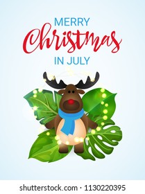 Merry Christmas in July greeting banner with cartoon Reindeer, tropical palm leaves and luminous garlands. Yulefest or Midwinter Christmas design template on white background. Vector illustration