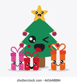 Merry Christmas and kawaii concept represented by pine tree and gifts cartoon icon. Colorfull and flat illustration