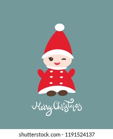 Merry Christmas Kawaii Happy New Year card design for your text Funny gnome in red hat on grey blue background. Vector