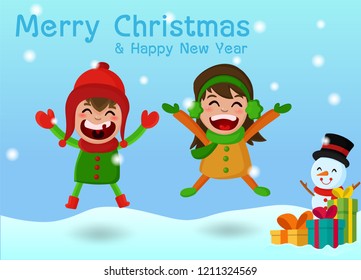 Merry Christmas. Kids Character come out and play happily. After receiving a gift from Santa Claus