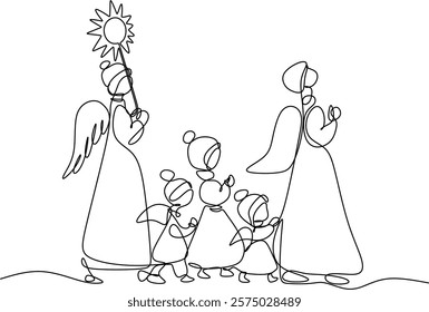 Merry Christmas kids walking with Christmas star. Continuous one line drawing. Vector illustration hand drawn without artificial intelligence