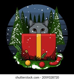 merry christmas kitten gift box vector illustration for your company or brand
