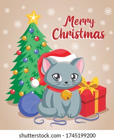 Merry christmas kitty with christmas hat, next to christmas tree and gifts Vector illustration in a cartoon style.