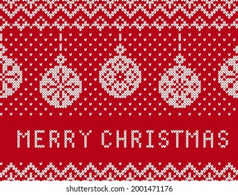 Merry Christmas knit pattern. Red seamless border with balls. Knitted texture. Xmas festive background. Holiday ornament. Fair isle traditional print. Vector illustration.