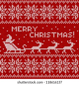 Merry Christmas knitted seamless background with Santa, deers and sign