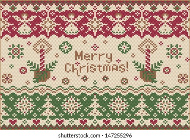 Merry Christmas! Knitted style. Celebratory ornament. Creative illustration with winter Christmas angels, stars, candles.