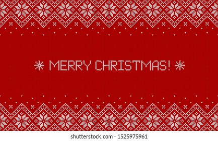 Merry Christmas! Knitted sweater background with greeting text. Red and white horizontal banner with traditional scandinavian patterns. Vector illustration.