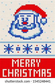 Merry Christmas Knitting Pattern.
Merry Christmas and New Year seamless knitted pattern with lettering MERRY CHRISTMAS, Santa and snowflakes. 