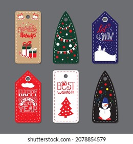 Merry Christmas Label Badge. Set of six printable hand drawn holiday cards templates. Vector seasonal labels design.	
