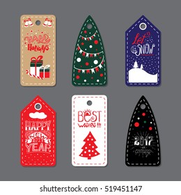 Merry Christmas Label Badge. Set of six printable hand drawn holiday cards templates. Vector seasonal labels design.