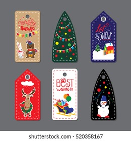 Merry Christmas Label Badge. Set of six printable hand drawn holiday cards templates. Vector seasonal labels design.