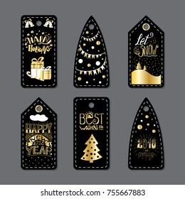 Merry Christmas Label Badge. Set of six printable hand drawn holiday cards templates. Vector seasonal labels design.