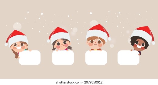 Merry christmas label banner collection with cute cartoon people.