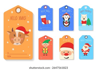 Merry christmas label. Cute characters for xmas tag design including santa, bullfinch, bear and gift. Winter snow celebration with cup, sock and fir. Holiday postcard illustration.

