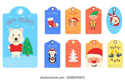Merry christmas label. Cute characters for xmas tag design including santa, bullfinch, bear and gift. Winter snow celebration with cup, sock and fir. Holiday postcard illustration.

