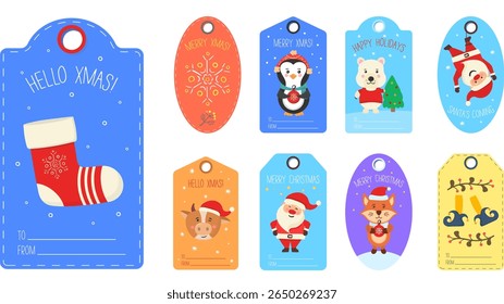 Merry christmas label. Cute characters for xmas tag design including santa, bullfinch, bear and gift. Winter snow celebration with cup, sock and fir. Holiday postcard illustration.

