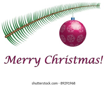 Merry Christmas label with evergreen twig and bauble
